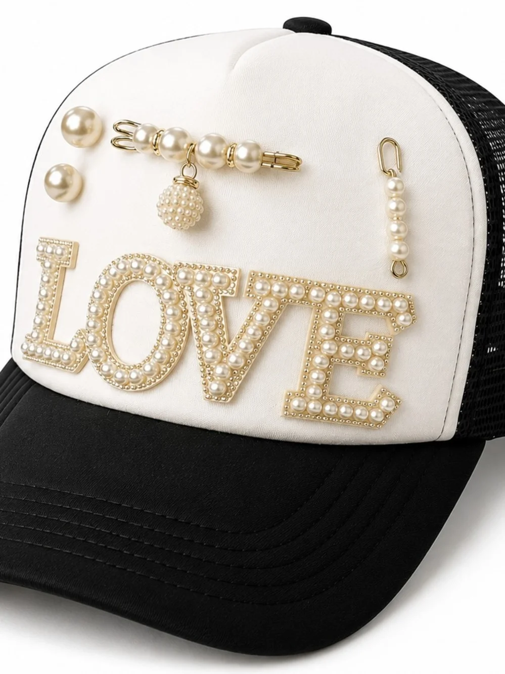Pearl-Embellished 'LOVE' Trucker Hat - White & Black